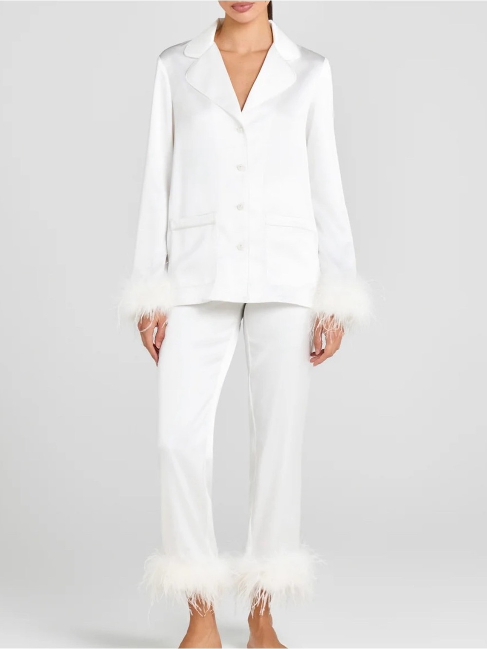 Nadine Merabi Darcie White Feather Trim Pajama Top and Bottom Set Size Large NWT